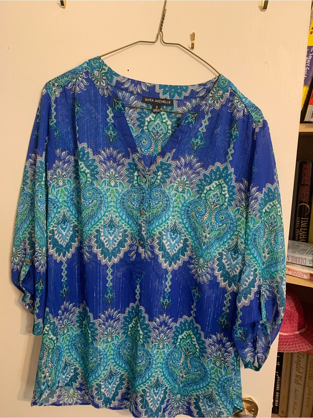 Sara Michelle Blue & Teal Paisley V-Neck Tunic Blouse